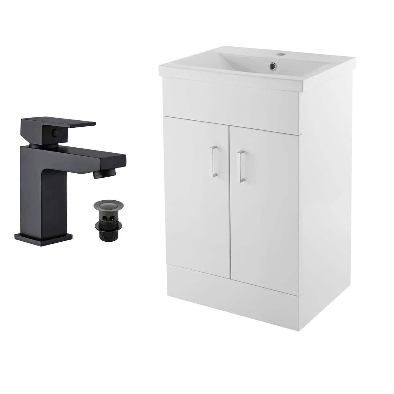 2 Door Floorstanding Vanity Unit With Basin and Mini Mono Basin Mixer Tap with Waste- 500mm