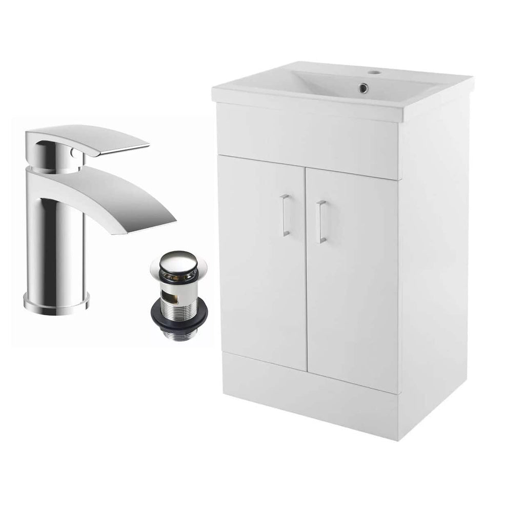 2 Door Floorstanding Vanity Unit With Basin and Chrome Mini Basin Mixer Tap with Waste- 500mm