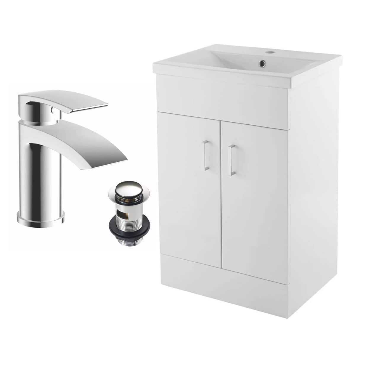 2 Door Floorstanding Vanity Unit With Basin and Chrome Mini Basin Mixer Tap with Waste- 500mm