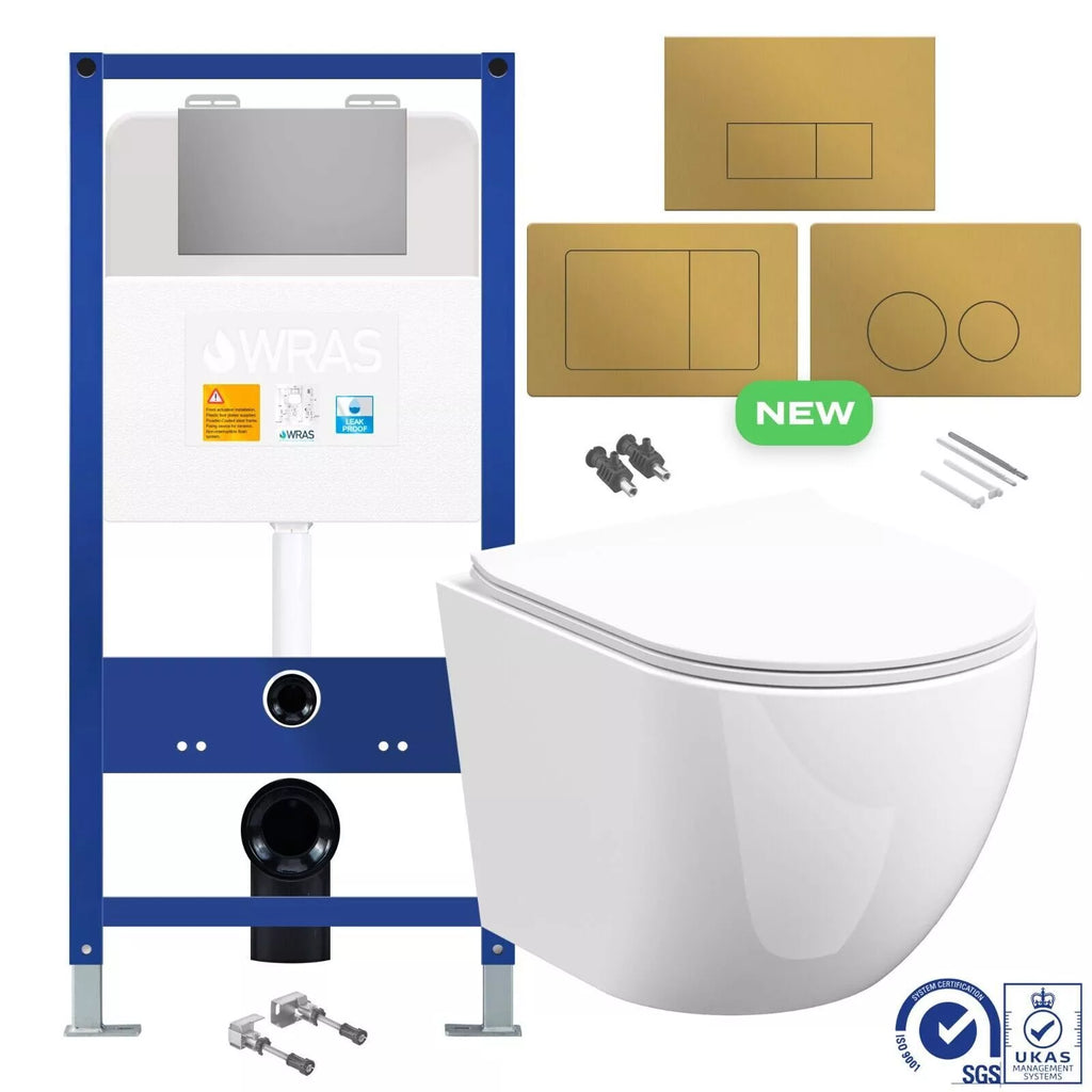 Rimless Wall Hung Toilet Pan &amp; Seat with 1.10m Concealed Cistern Frame WC Unit