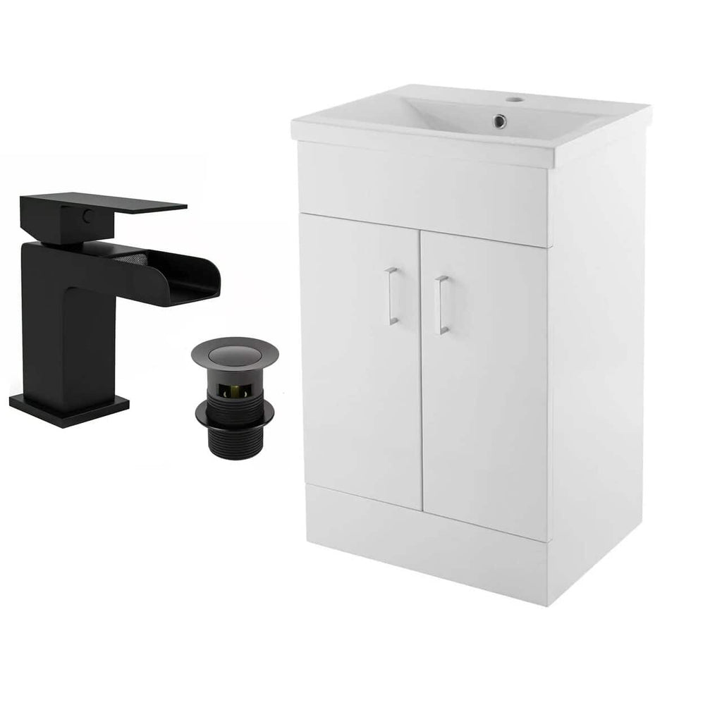 2 Door Floorstanding Vanity Unit With Basin and Waterfall Black Tap with Waste- 500mm