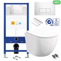Rimless Wall Hung Toilet Pan &amp; Seat with 1.10m Concealed Cistern Frame WC Unit - Chrome