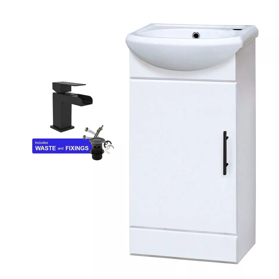 Single-Door Cloakroom Basin Vanity Unit 400mm with Waterfall Black Tap &amp; Waste