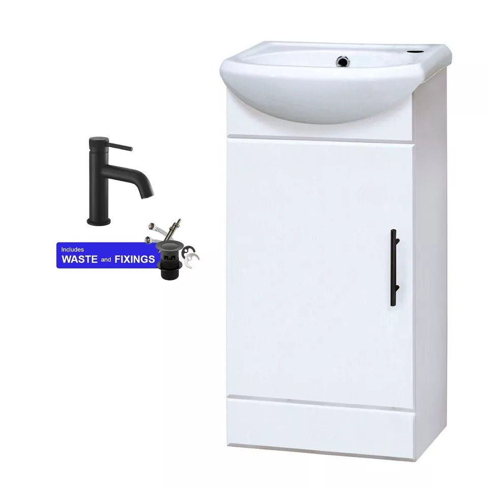 Single-Door Cloakroom Basin Vanity Unit 400mm with Black Basin Mixer Tap &amp; Waste