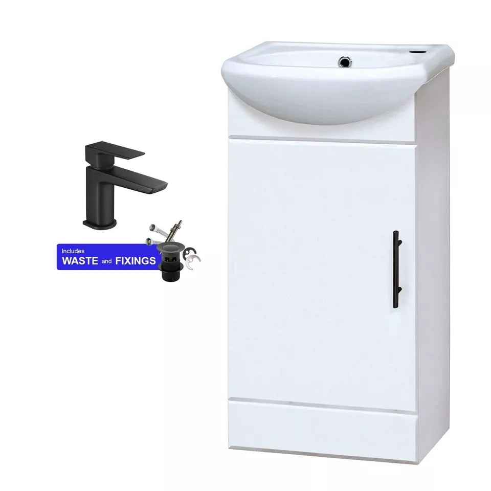 Single-Door Cloakroom Basin Vanity Unit 400mm with Black Tap &amp; Waste