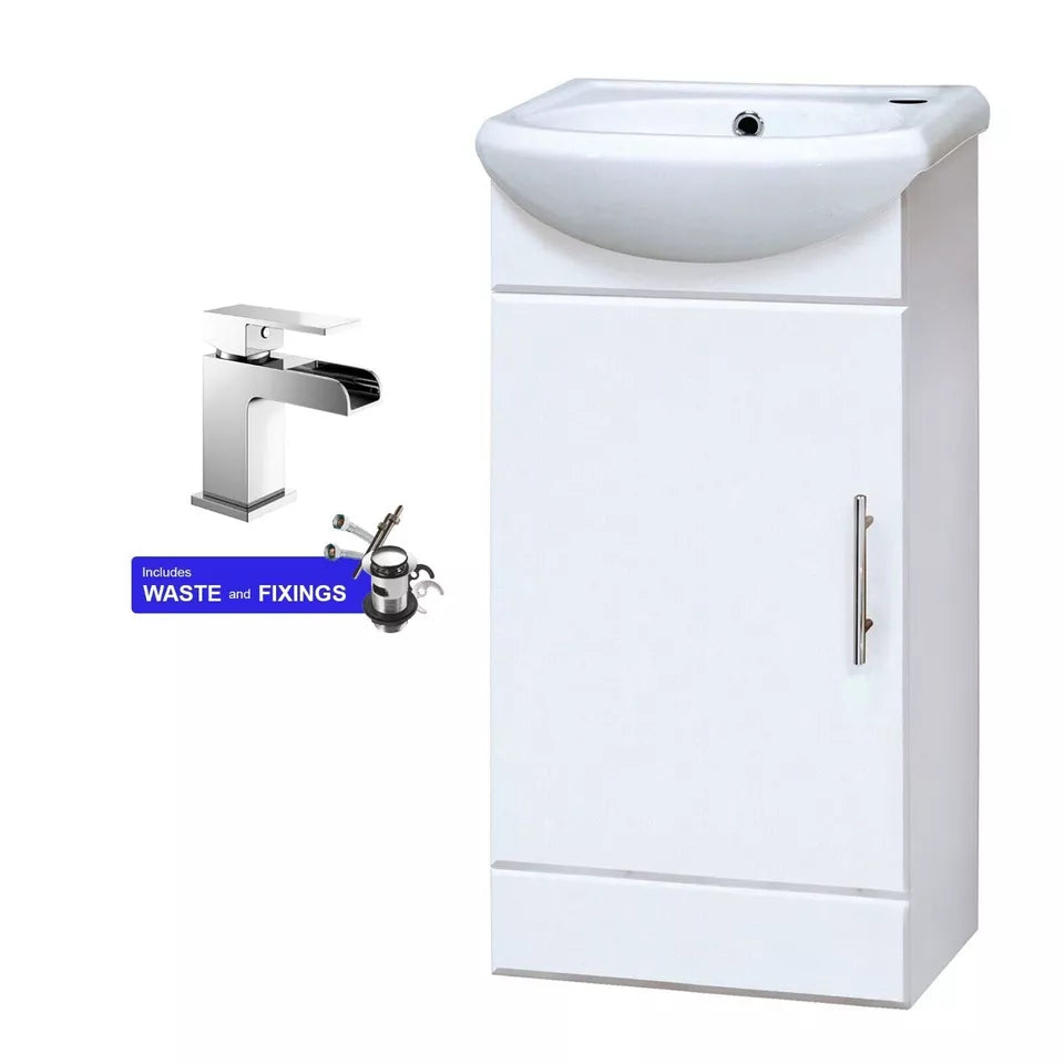 Single-Door Cloakroom Basin Vanity Unit 400mm with Waterfall Chrome Tap &amp; Waste