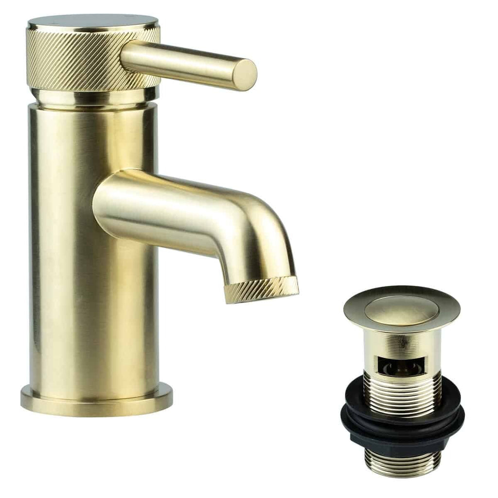 Brushed Brass Knurled Handle Basin & Bath Filler Tap Set-0
